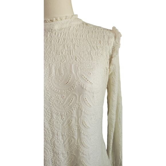 Coquette Nanette Lepore Paisley Embossed Long Sleeve Ivory High Neck Top XS - Picture 2 of 7